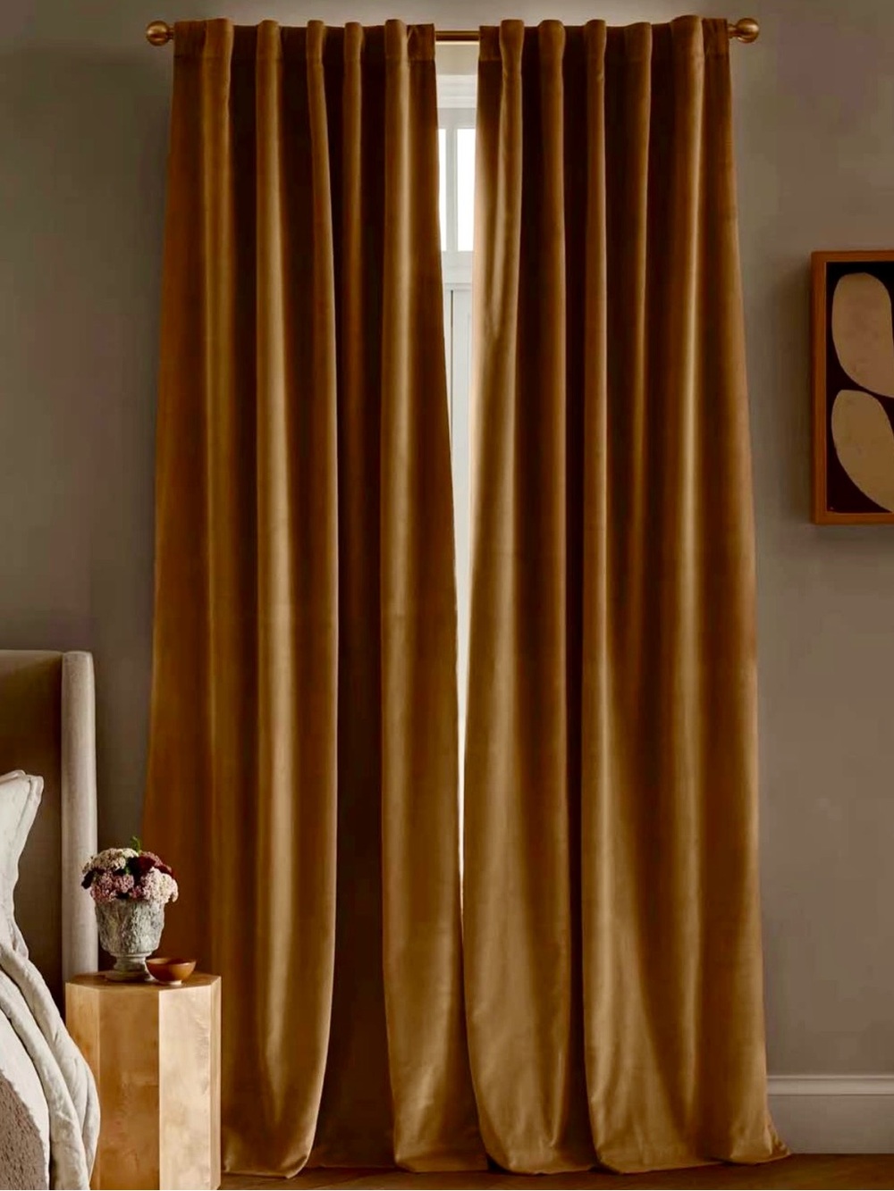 Quince Cotton Velvet True Blackout Curtain Panel in Camel 48x96